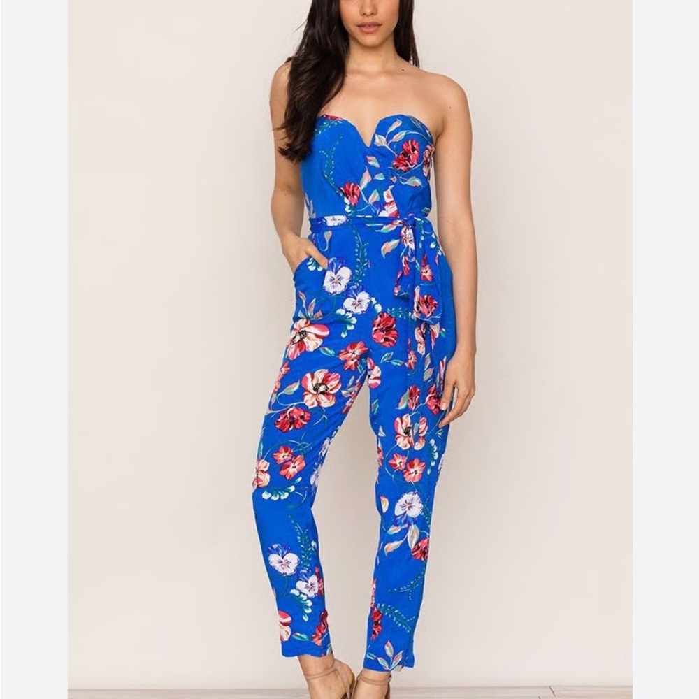 Yumi Kim SILK Blue Floral Hot to Trot Strapless Jumpsuit